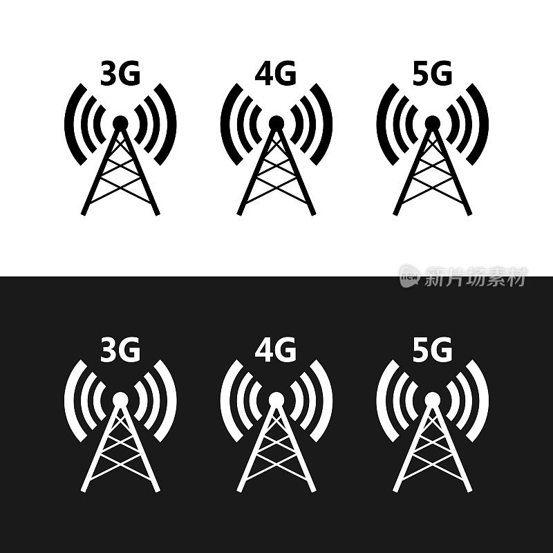 5G, 4G, 3G矢量符号集。新的移动通信技术和智能手机网络图标的网站，ui，移动应用程序